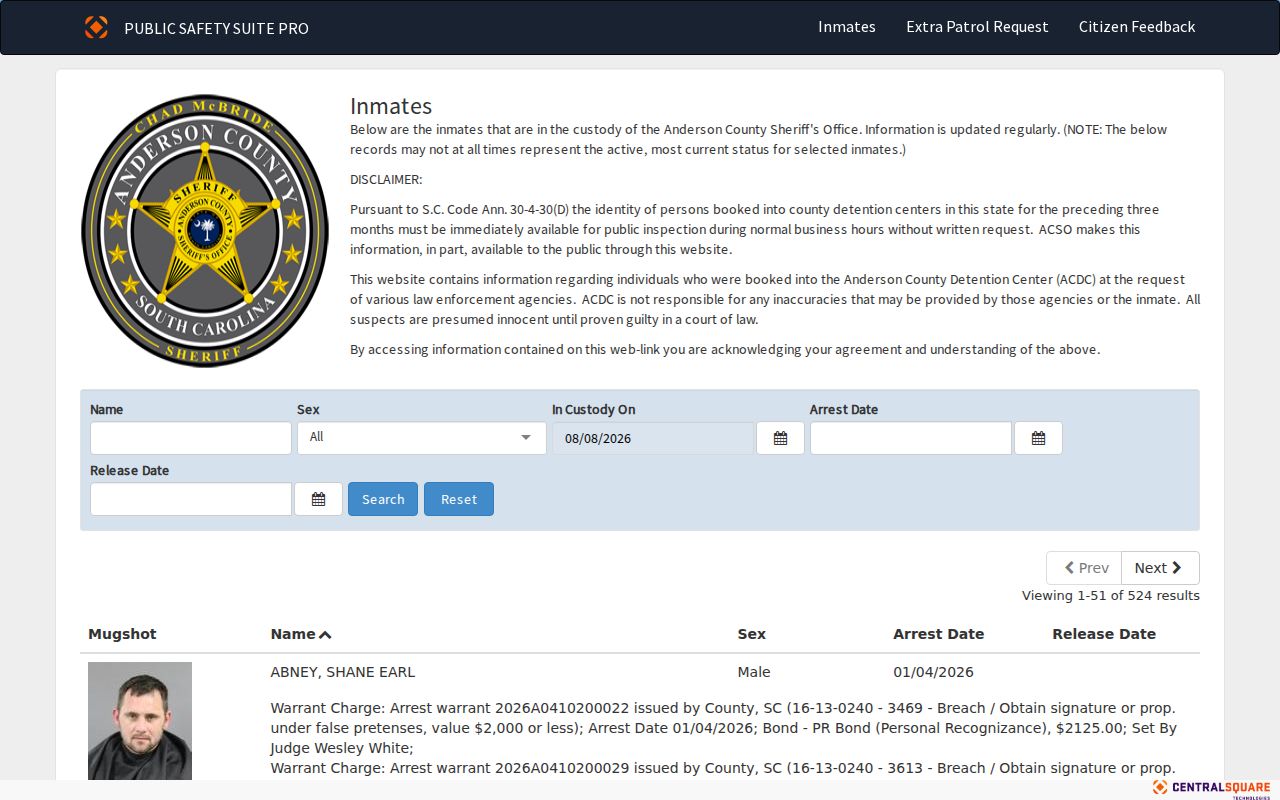 Anderson County arrest search inmate roster interface