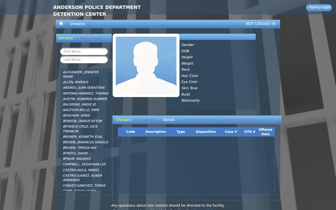 Anderson city Police detention roster for arrest record checks