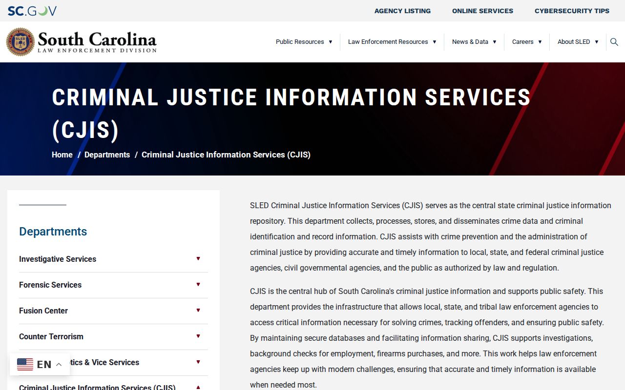 SLED CJIS Anderson County criminal record repository information