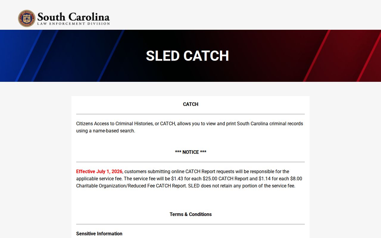 SLED CATCH Anderson County criminal history search entry