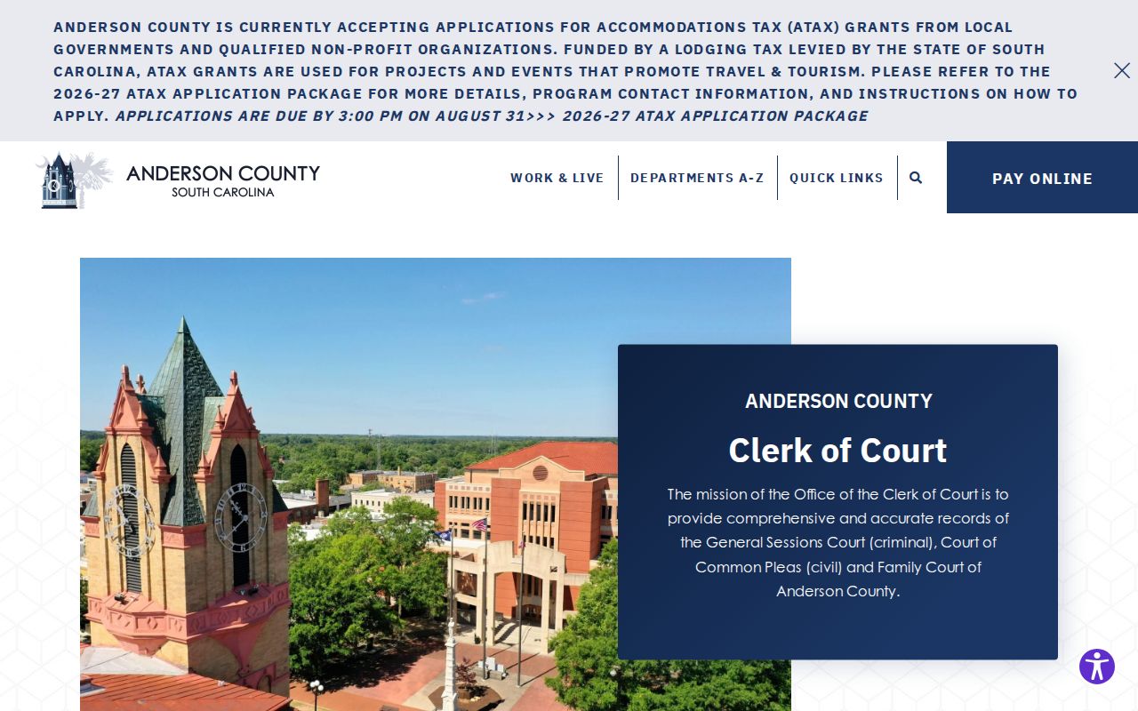 Anderson County criminal court case Clerk of Court service page