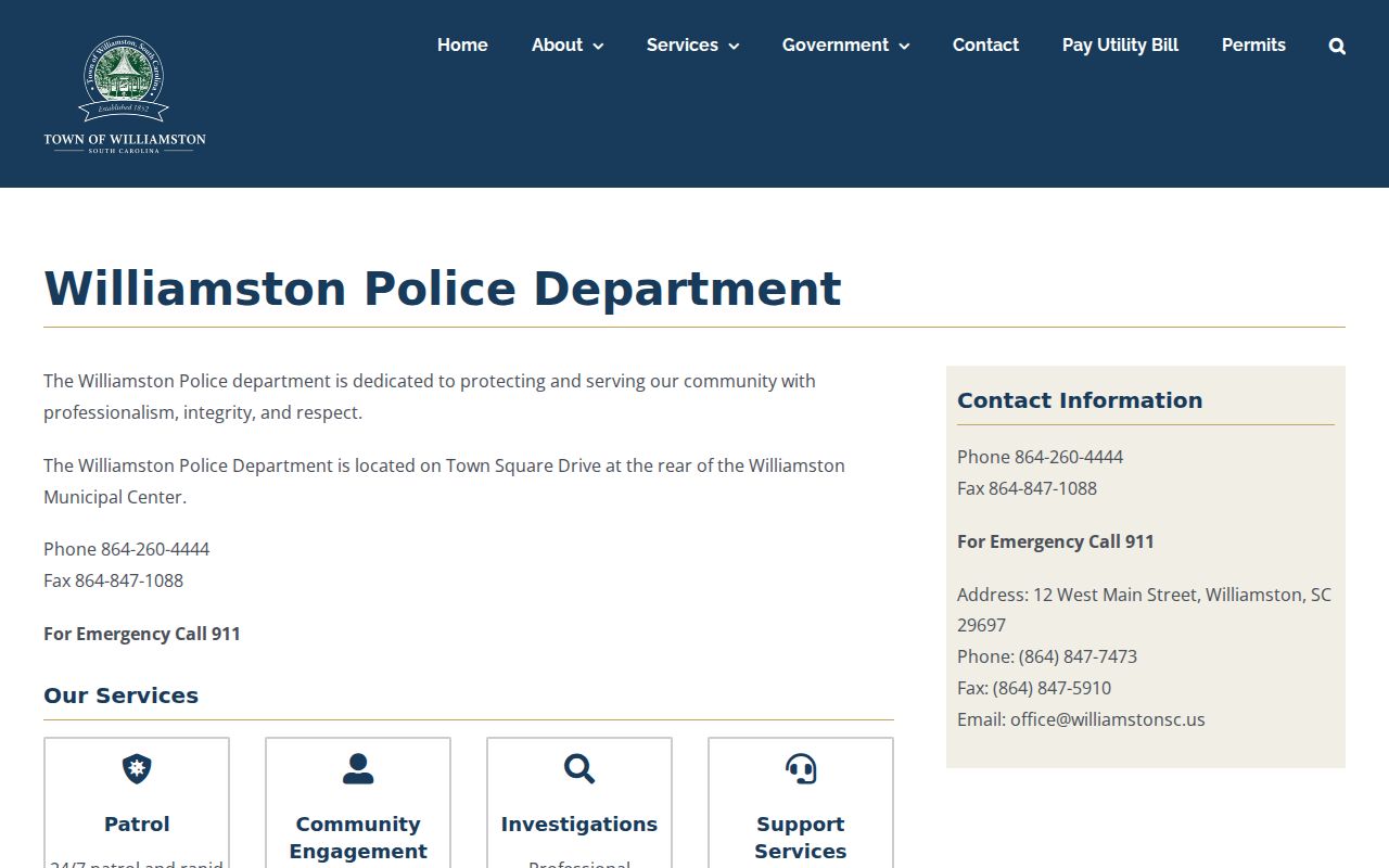 Anderson County Williamston Police Department criminal record contacts